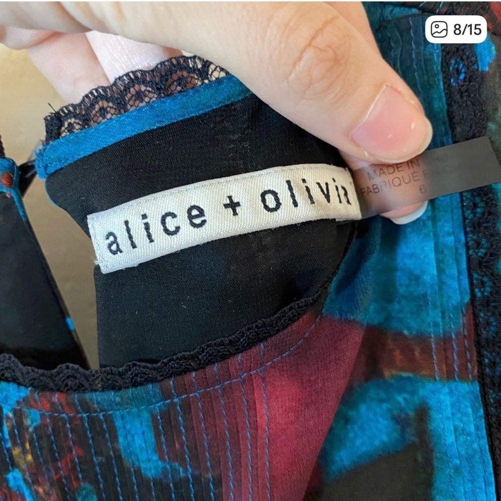 ALICE & OLIVIA blue floral Aimee lace trim silk dress​ - Picture 4 of 4